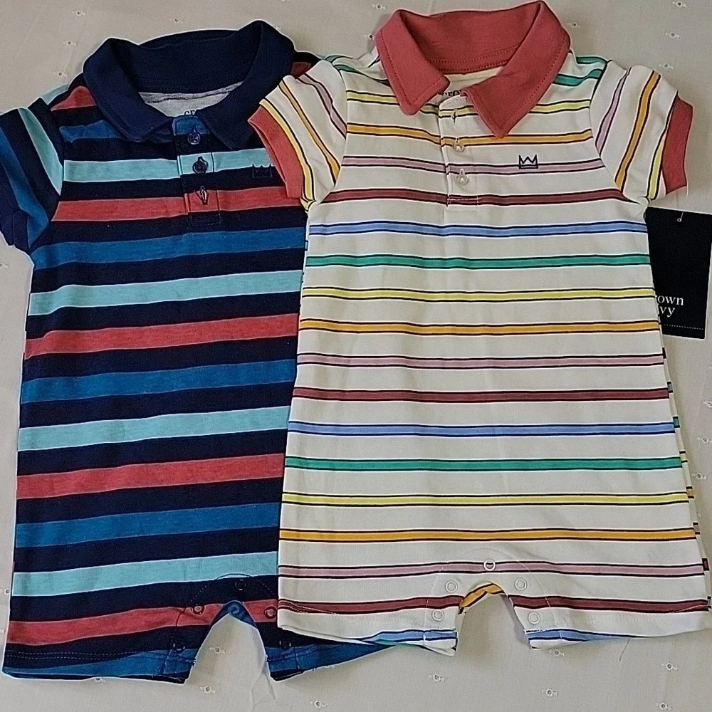 Crown & Ivy Baby Boys 12M Striped Polo Romper 2-Pack Blue Rose TCBM065‎ NEW